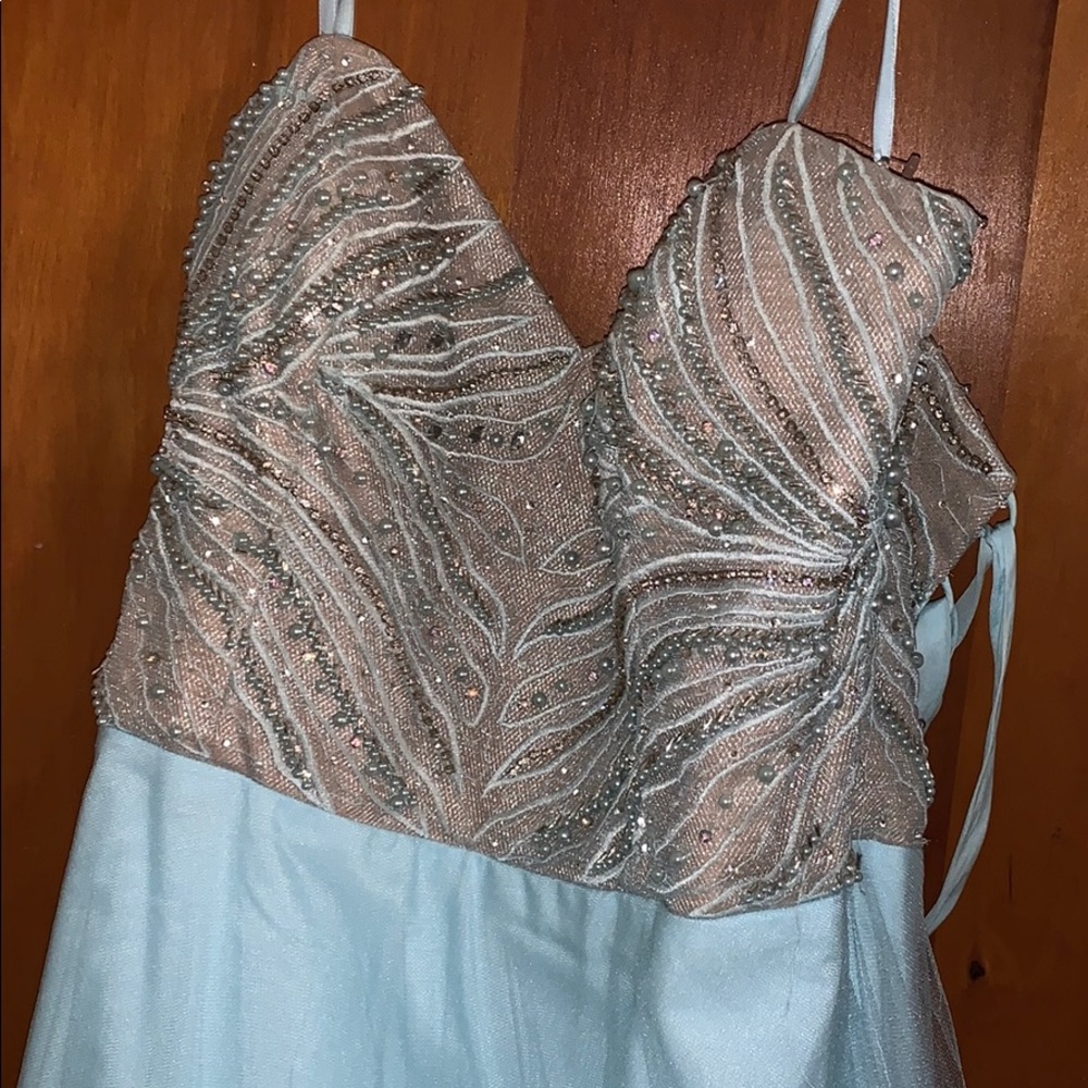 blue and gold glitter prom dress OBO